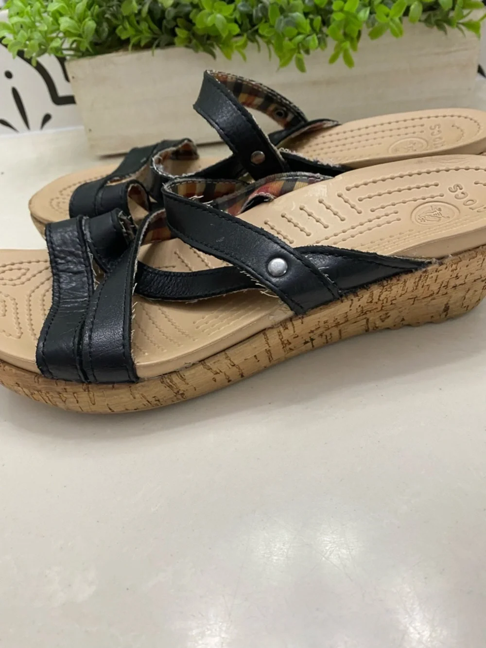 Crocs A-Leigh Black Leather Cork Plaid Lined Wedge Slide Sandals - Women's 7
